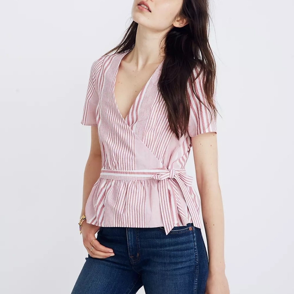 Madewell Ruffle-Hem Wrap Top, Striped white + light red, Size Medium